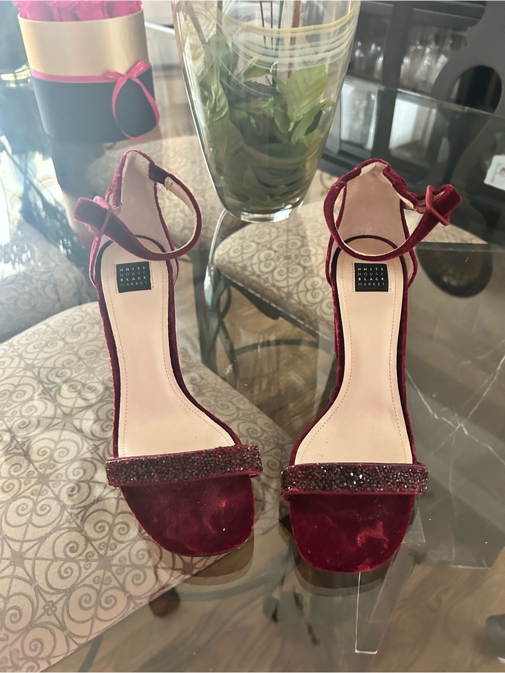 White House Black Market Burgundy Velvet Ankle-Strap Heels